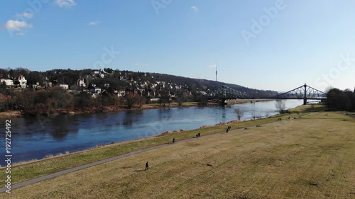 Aerial drone shot of Dresden Loschwitzer Bridge Blaues Wunder early morning with beautiful sunrise scenery Germany photo