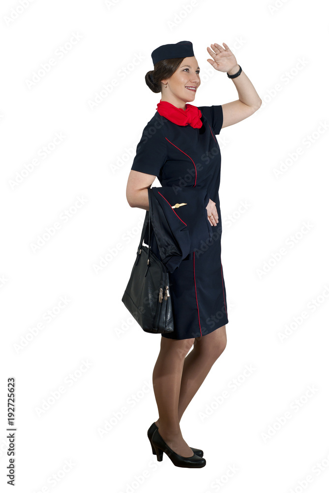 stewardess on white background smiling looking into the distance stewardess on white background smiling looking into the distance