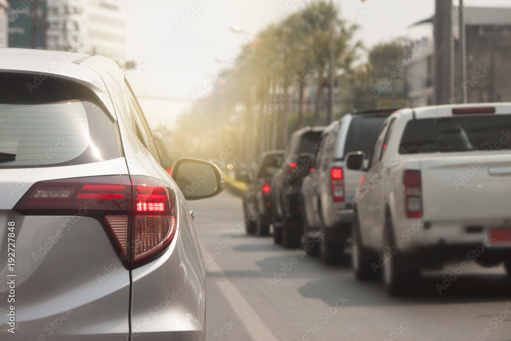 Traffic jam with cars on way on rush hours at Rayong Thailand.