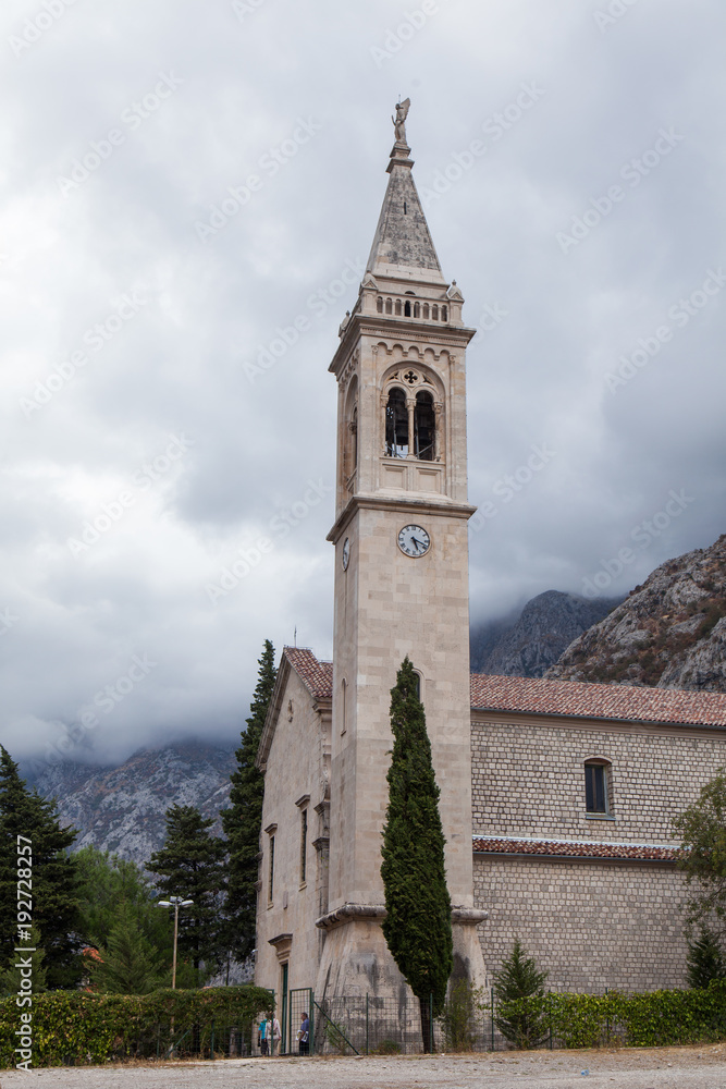 Village of Dobrota and St.Eustace's Church on the shore of Kotor Bay. Montenegro. 
