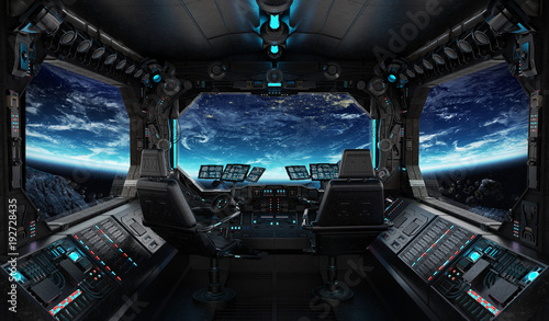 Fototapeta Naklejka Na Ścianę i Meble -  Spaceship grunge interior with view on planet Earth