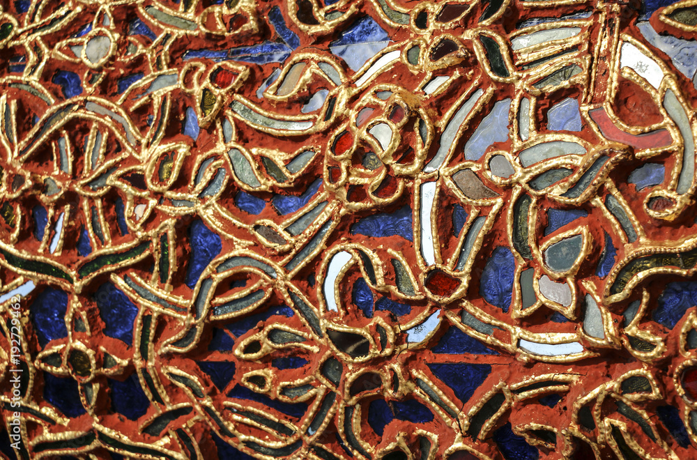 Detail of beautiful old abstract ceramic mosaic adorned building Detail of beautiful old abstract ceramic mosaic adorned building