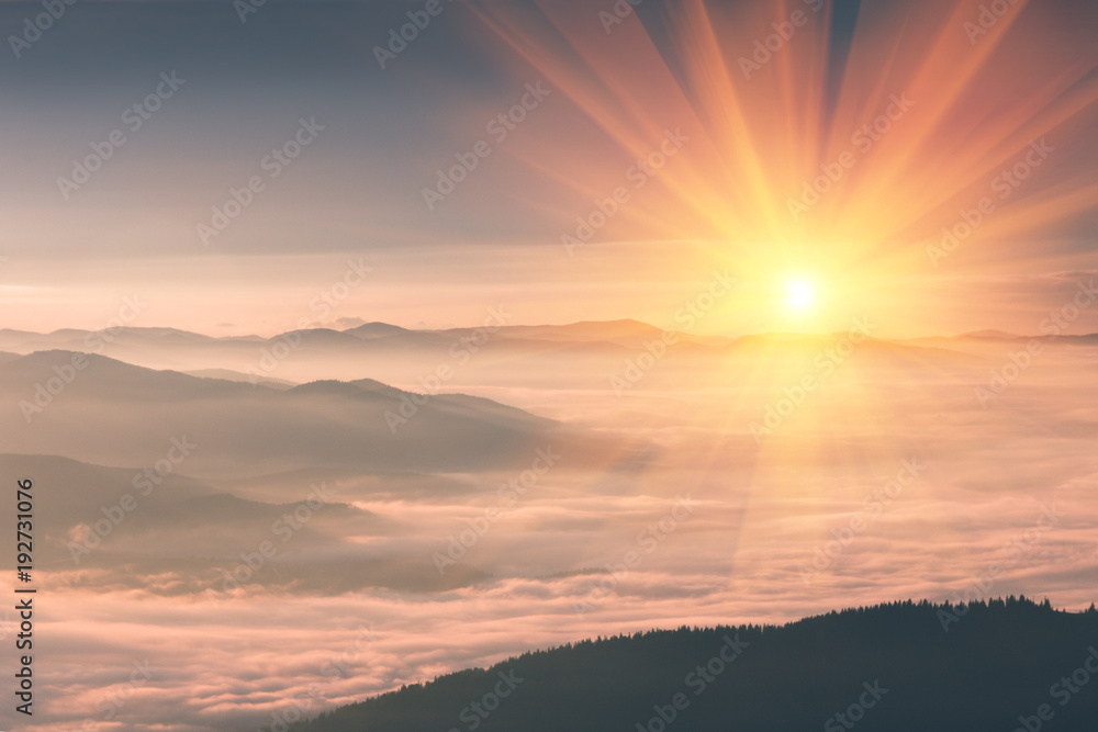 Beautiful landscape in the mountains at sunrise. View of the foggy hills covered by forest. Retro effect. Traveling concept background. Beautiful landscape in the mountains at sunrise. View of the foggy hills covered by forest. Retro effect. Traveling concept background.