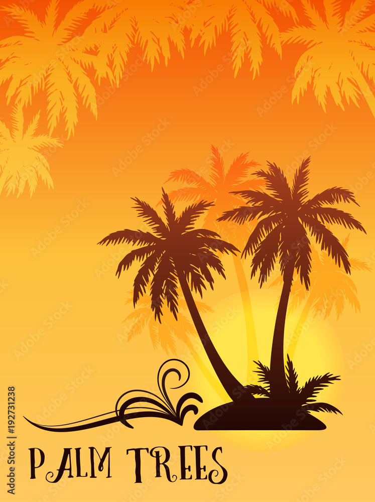 Exotic Tropical Landscape, Palm Trees Silhouettes Against the Background of the Orange Morning or Evening Sky, Sunrise or Sunset. Vector