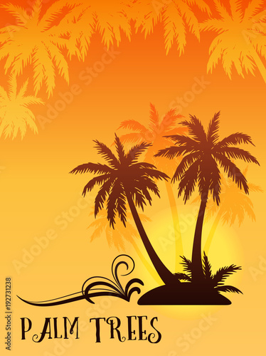 Exotic Tropical Landscape  Palm Trees Silhouettes Against the Background of the Orange Morning or Evening Sky  Sunrise or Sunset. Vector