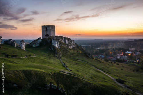 Sunset over the castle ruins in Olsztyn near Czestochowa, Silesia, Poland