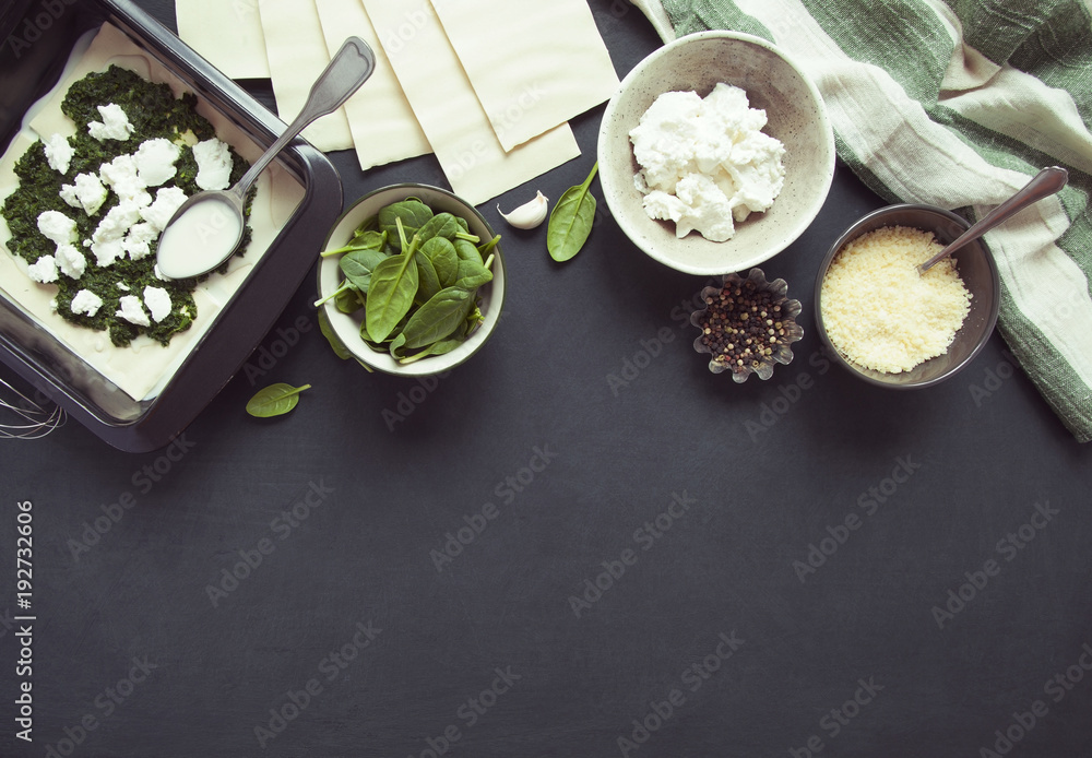 Ingredients for lasagna with spinach and ricotta cheese. Ingredients for lasagna with spinach and ricotta cheese.