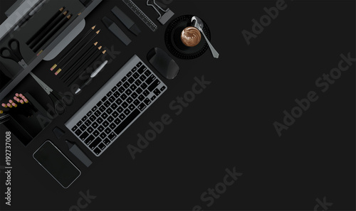 Modern office desk table with computer and stationery set isolated on black. Back to school concept with space for text. Top view. Flat lay. 3D illustration