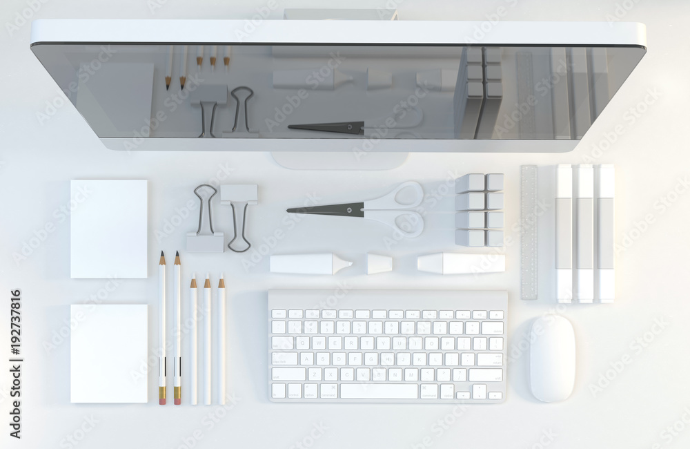 Modern work space with computer, stationery set on white color background. Top view. Flat lay. 3D illustration Modern work space with computer, stationery set on white color background. Top view. Flat lay. 3D illustration