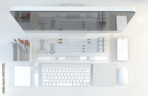 Modern work space with computer  stationery set on light color background. Top view. Flat lay. 3D illustration