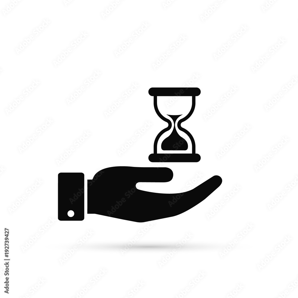 Human hand hold a hourglass vector icon. Business and time management concept. Isolated illustration flat design Human hand hold a hourglass vector icon. Business and time management concept. Isolated illustration flat design