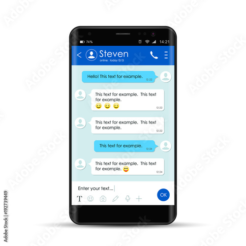 Modern smartphone with messenger app window. Chatting and messaging. Social network concept. Realistic vector isolated phone