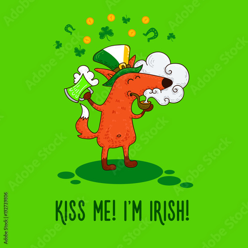 Saint Patrick s Day card with fox and irish simbols