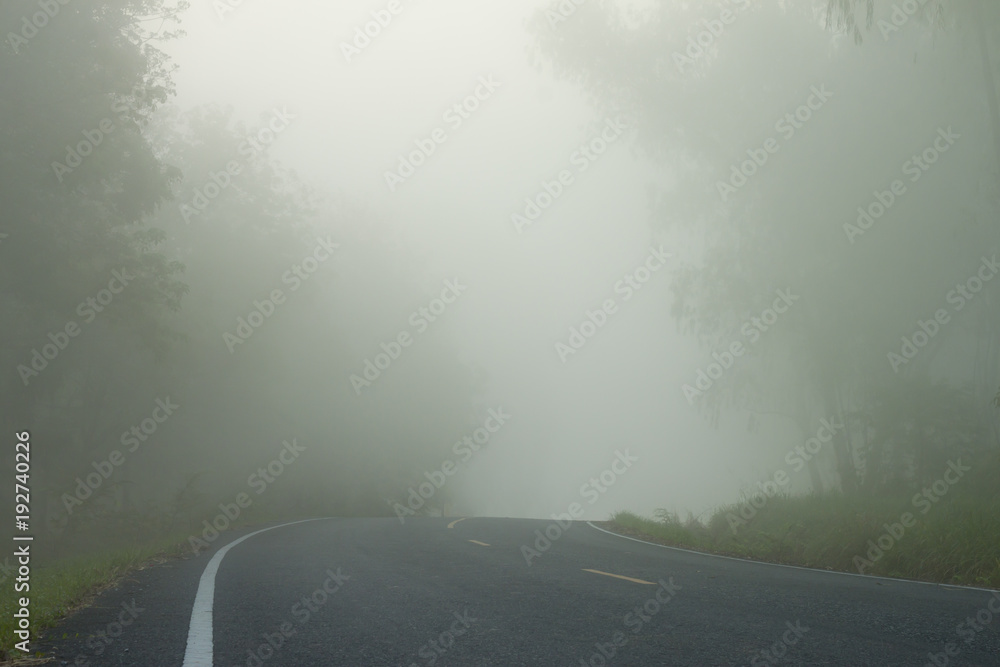 The road in Rayong Thailand go to Khao Chom Hae mountain with foggy. 