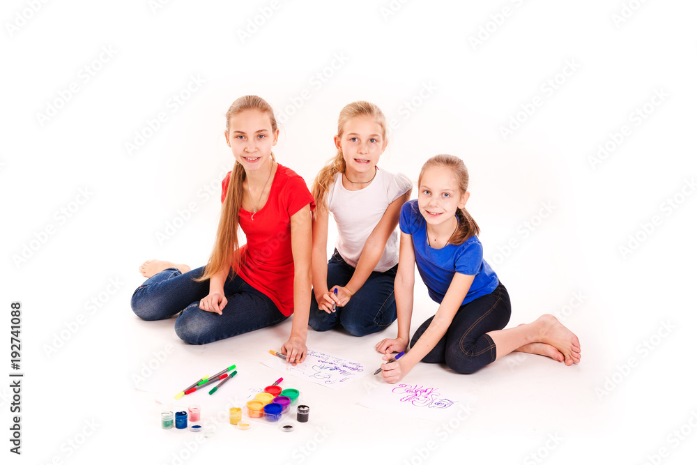 Happy kids drawing isolated on white