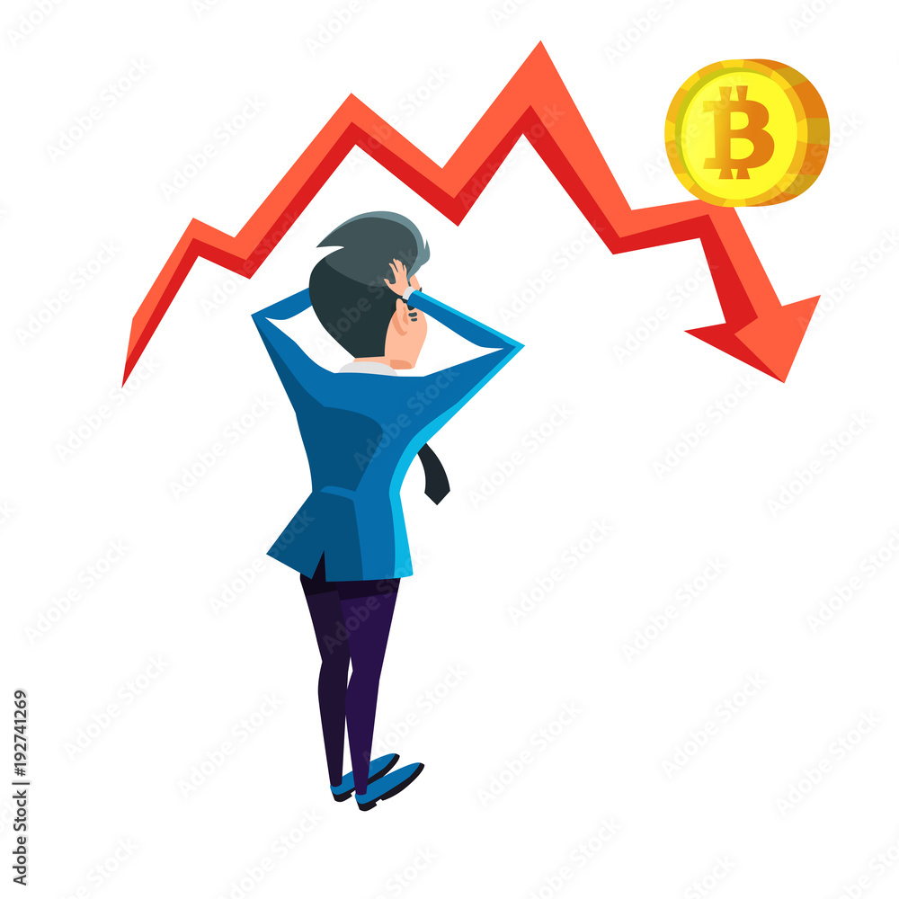 Shocked Businessman Looking on Bitcoin Crash Graph. Cryptocurrency Market Concept. Vector illustration Shocked Businessman Looking on Bitcoin Crash Graph. Cryptocurrency Market Concept. Vector illustration