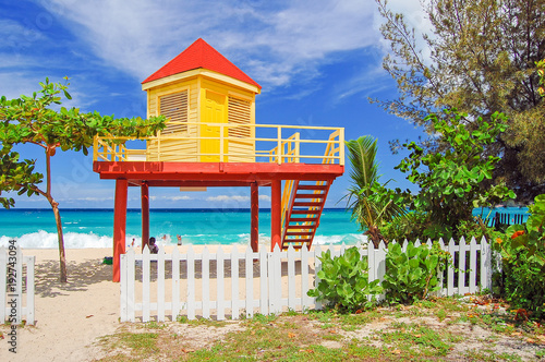 Colorful lifeguard booth on Grand Anse Beach on Grenada Island, Caribbean region of Lesser Antilles photo