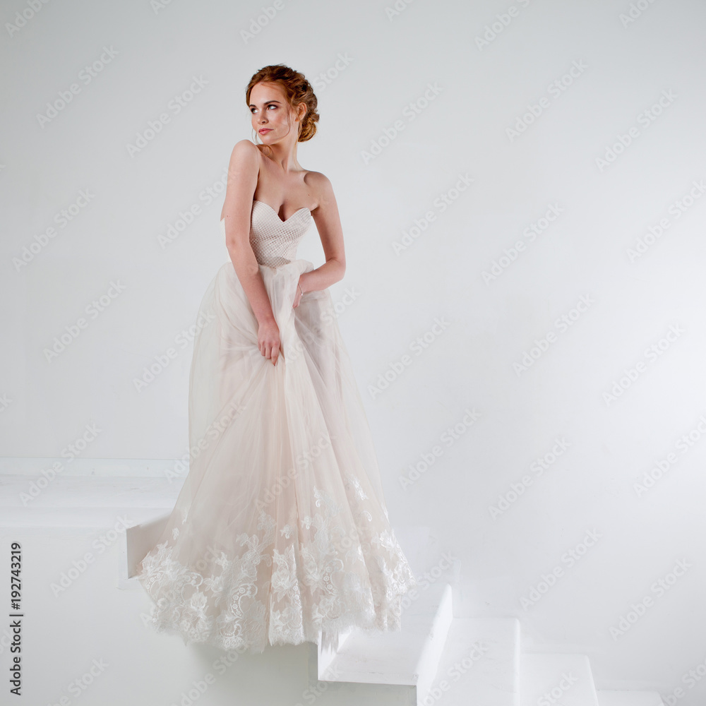 Portrait of a beautiful girl in a wedding dress. Bride in luxurious dress on a white background Portrait of a beautiful girl in a wedding dress. Bride in luxurious dress on a white background