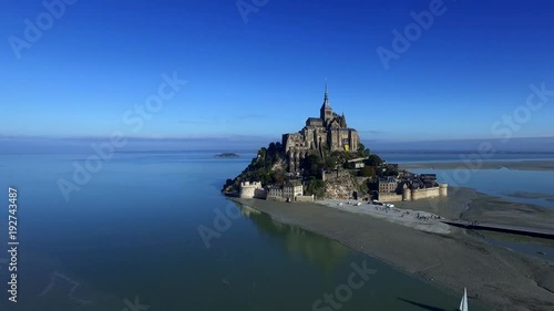 Fly above Mont Saint Michele abbey, France ( aerial footage )