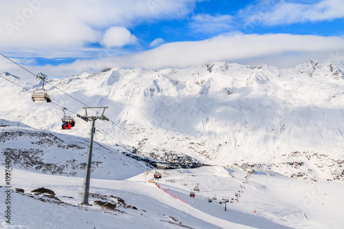 Chairlift on ski slope and mountains in winter season in Hochgurgl-Obergurgl ski area, Tirol, Austria