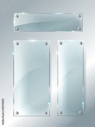 Transparent Glass plates set. Square shape, rectangle and round circle. See through mock up with mounts.