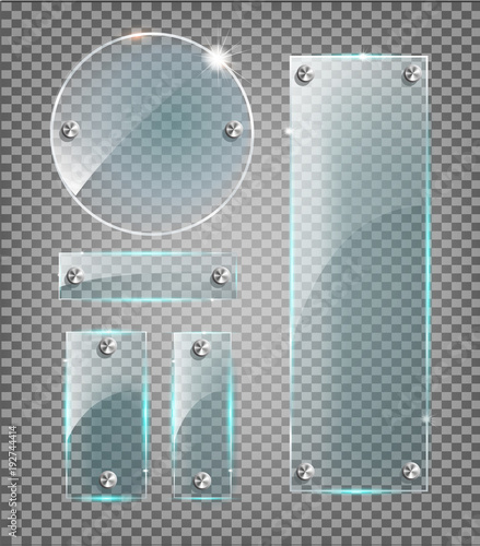 Vector modern transparent glass plates set on sample background.