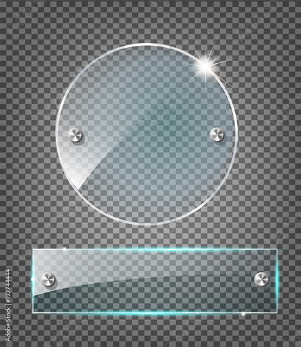 Vector modern transparent glass plates set on sample background.