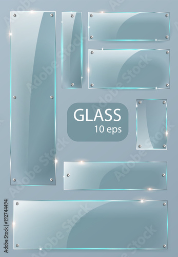 Glass plates set. Vector glass banners on transparent background.