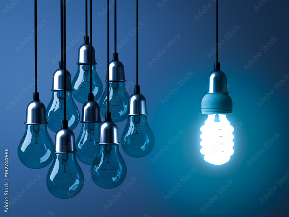 One hanging eco energy saving light bulb glowing and standing out from unlit incandescent bulbs on dark blue background , leadership and different creative idea concept. 3D rendering. One hanging eco energy saving light bulb glowing and standing out from unlit incandescent bulbs on dark blue background , leadership and different creative idea concept. 3D rendering.