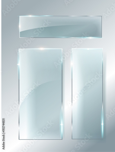 Vector modern transparent glass plates set on sample background.