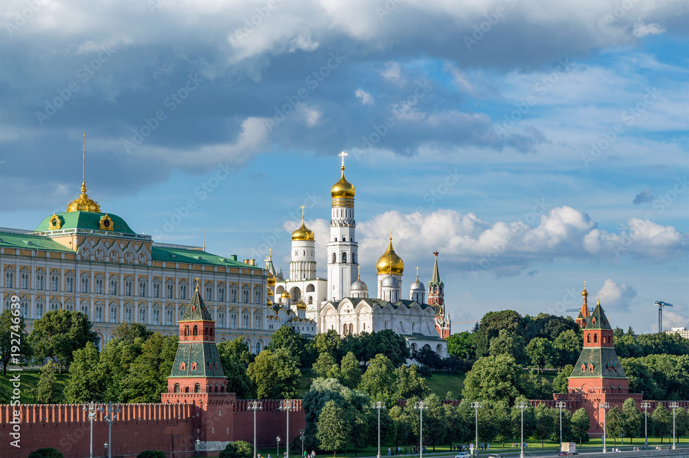 Moscow Kremlin landscape with Grand Kremlin Palace and Cathedral of the Annunciation, Moscow on the bank of Moskva river