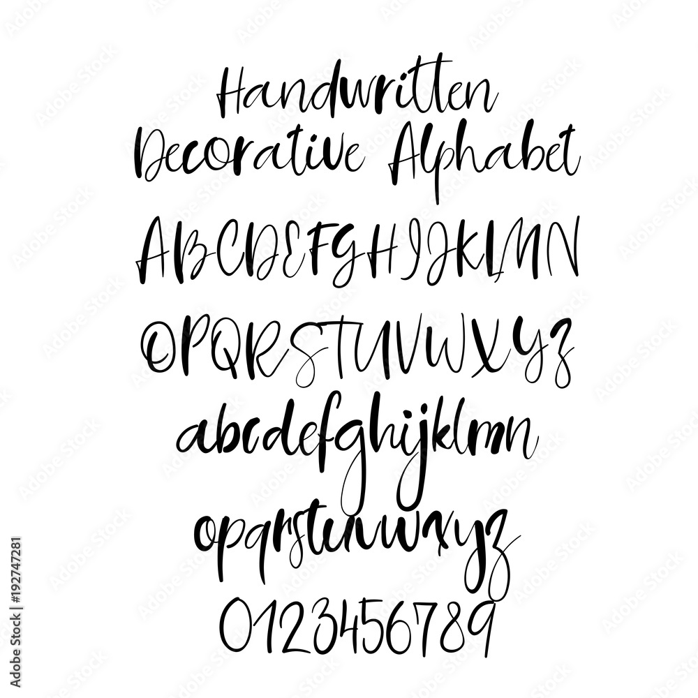 Modern calligraphy alphabet. Handwritten brush letters. Uppercase,  lowercase. Hand lettering font for your design: wedding calligraphy, logo,  slogan, window decor, postcard, greeting card Stock Vector | Adobe Stock