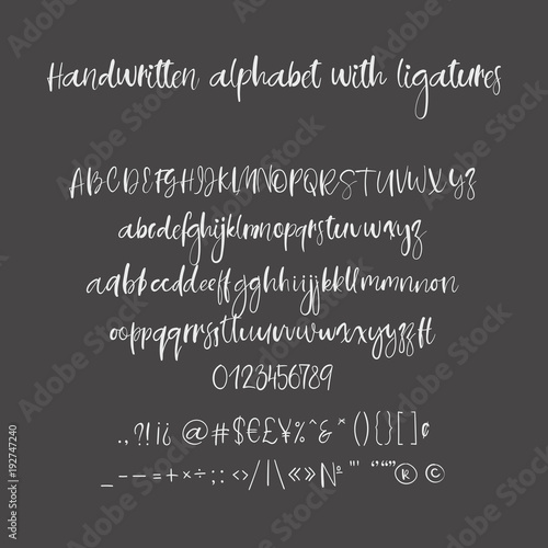 Modern calligraphy alphabet. Handwritten brush letters. Uppercase, lowercase. Hand lettering font for your design: wedding calligraphy, logo, slogan, window decor, postcard, greeting card