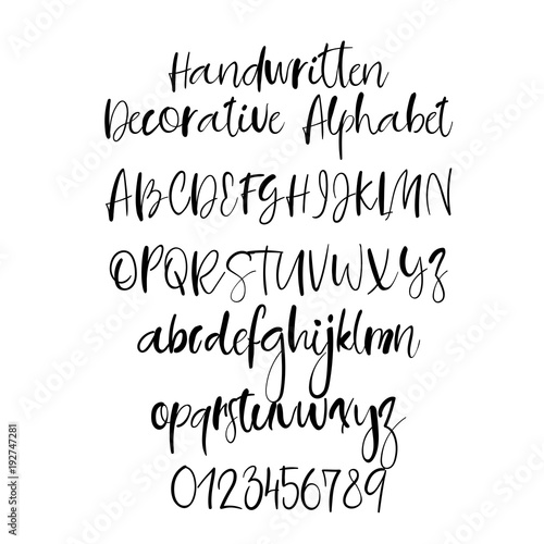 Modern calligraphy alphabet. Handwritten brush letters. Uppercase, lowercase. Hand lettering font for your design: wedding calligraphy, logo, slogan, window decor, postcard, greeting card