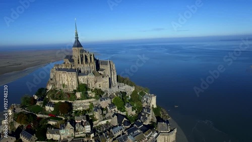 Fly above Mont Saint Michele abbey, France ( aerial footage )
