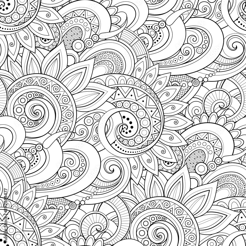 Monochrome Seamless Pattern with Floral Motifs. Endless Texture with Flowers, Leaves etc. Natural Background in Doodle Line Style. Coloring Book Page. Vector Contour Illustration. Abstract Art Monochrome Seamless Pattern with Floral Motifs. Endless Texture with Flowers, Leaves etc. Natural Background in Doodle Line Style. Coloring Book Page. Vector Contour Illustration. Abstract Art