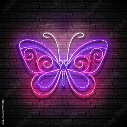 Vintage Glow Butterfly Signboard. Insect on Brick Wall, Greeting Card Template. Shiny Neon Light Poster, Flyer, Banner, Postcard, Invitation. Seamless Brick Wall. Vector 3d Illustration. Clipping Mask
