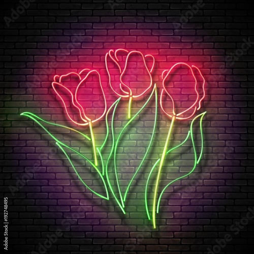 Fototapeta Naklejka Na Ścianę i Meble -  Vintage Glow Signboard with Bouquet of Tulips. Flowers on Brick Wall, Greeting Card Template. Shiny Neon Light Poster, Flyer, Banner, Postcard, Invitation. Vector 3d Illustration. Used Clipping Mask