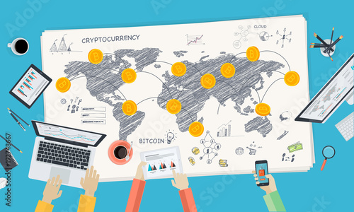 Bitcoin market. Flat design style web banner of blockchain technology, bitcoin, altcoins, cryptocurrency mining, finance, digital money market, cryptocoin wallet, crypto exchange. 