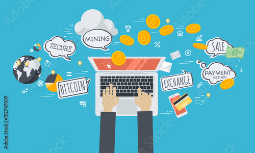 Cryptocurrency trading platform. Flat design style web banner of blockchain technology, bitcoin, altcoins, cryptocurrency mining, finance, digital money market, cryptocoin wallet, crypto exchange. 