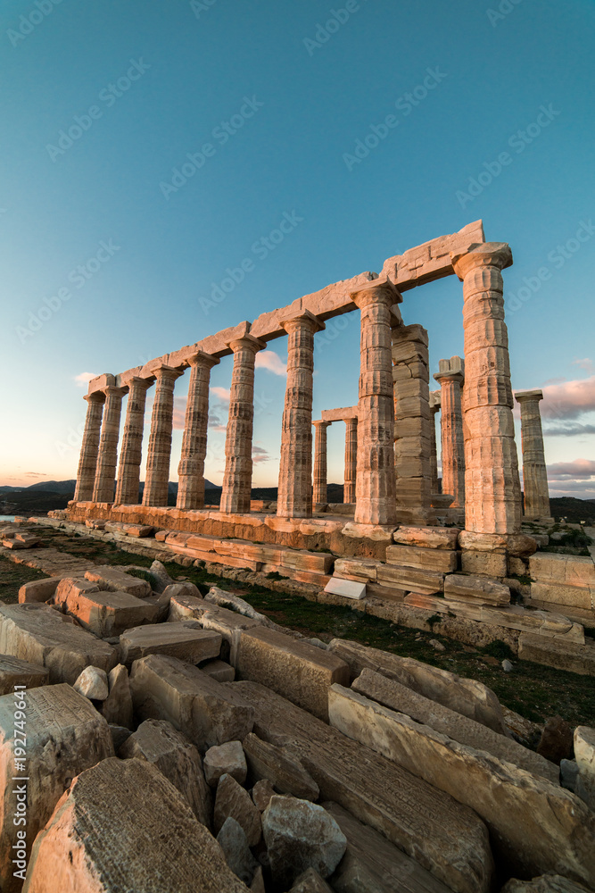 Sounion, Temple of Poseidon in Greece, Sunset Golden Hour