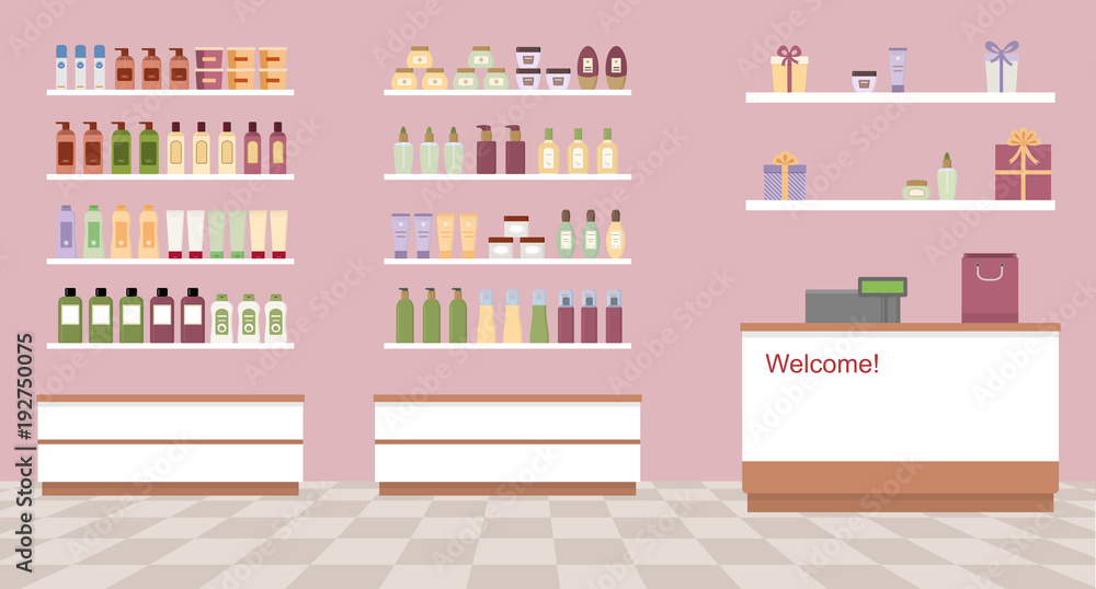 Health and beauty store  with colorful cosmetic products in plastic bottles in shelves. Flat style vector illustration. - obrazy, fototapety, plakaty 
