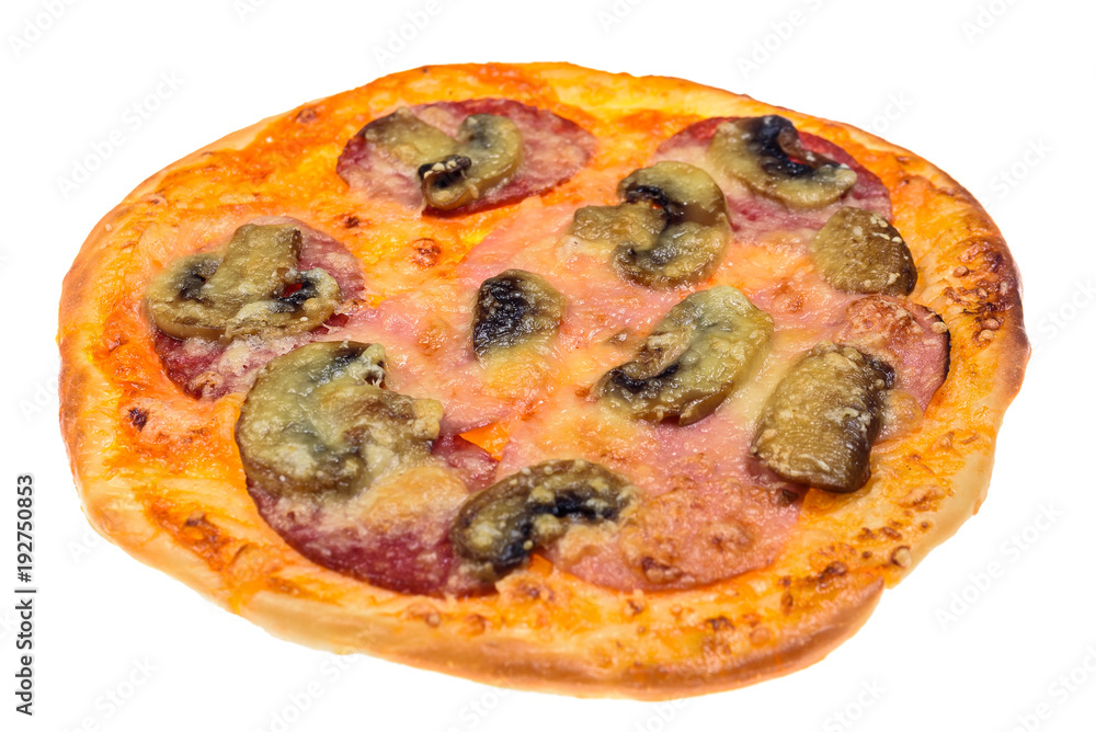 pizza with sausage and cheese isolated on white background pizza with sausage and cheese isolated on white background