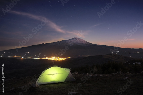 Illuminanted Tent, Lights Town And Etna Volcano At Twilight, Sicily