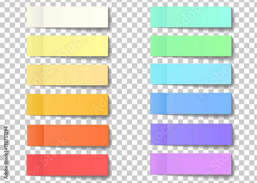 Post note sticky stickers with peel off corner isolated on a transparent background. Paper adhesive tape with shadow. Vector office color post stickers for your design