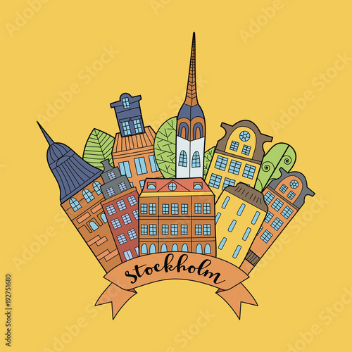 Photography Sweden landmarks travel. Hand drawn houses and trees.