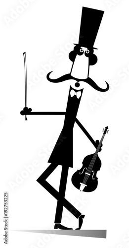 Cartoon long mustache violinist illustration isolated. Smiling mustache man in the top hat is playing music on the violin with inspiration 
