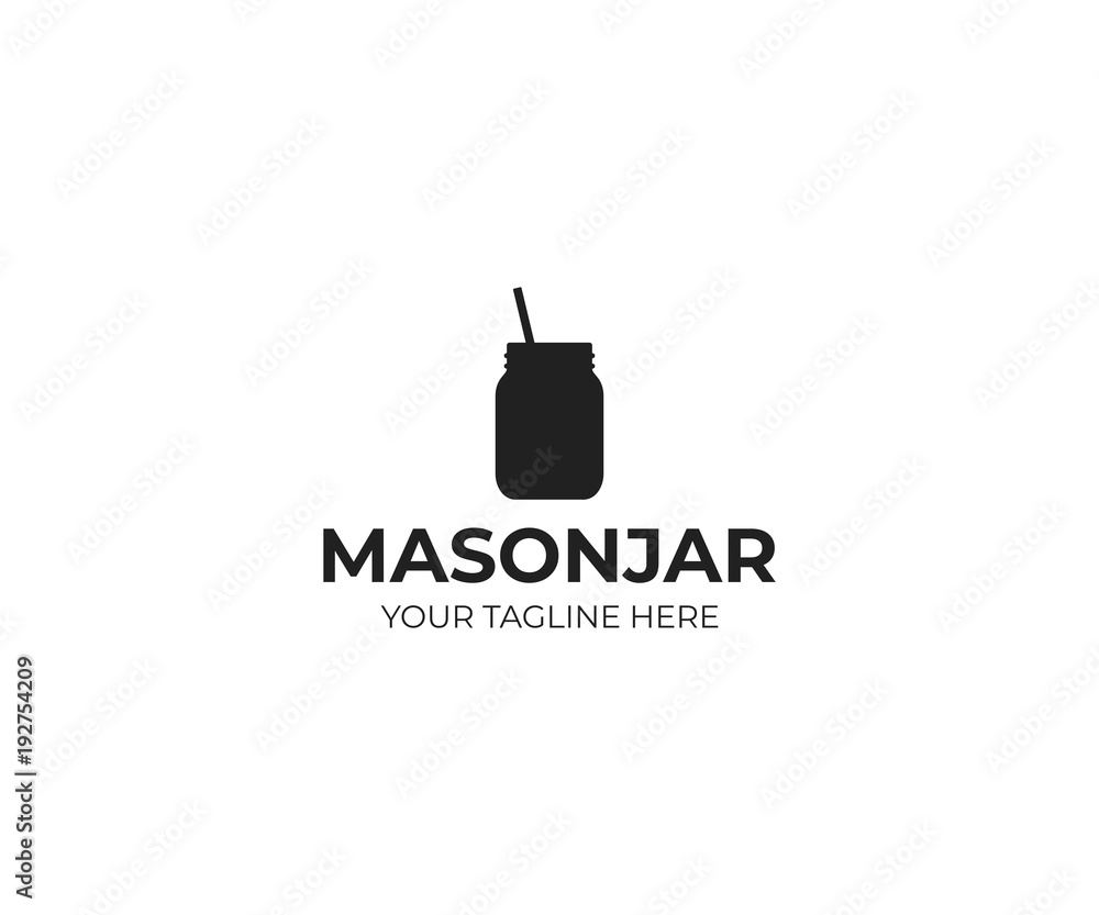 Mason jar with straw logo template. Canning jar vector design. Glass mason jar illustration
