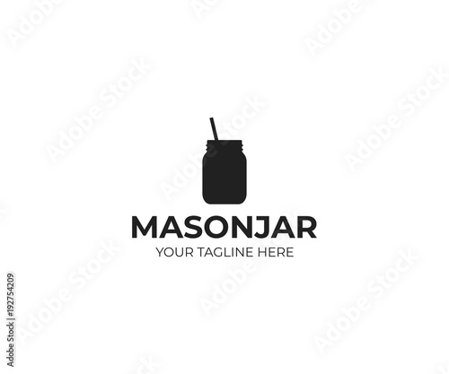 Mason jar with straw logo template. Canning jar vector design. Glass mason jar illustration
