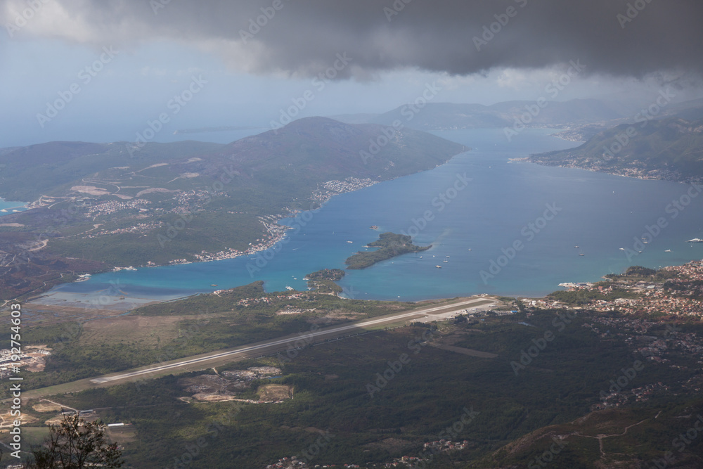 View of the airport and the runway of the city of Tivat. Montenegro. 